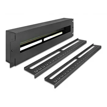 Panneau de distribution 19 pouces DELOCK avec couvercle et rail DIN, incl. 2 rails de décharge de traction de câble, 3U acier noir