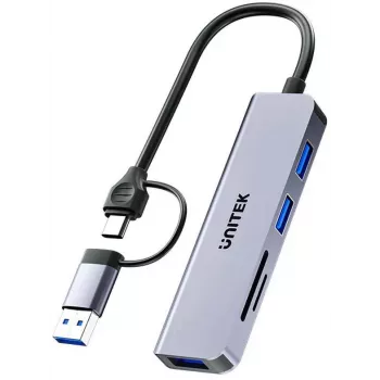 Hub USB-C 5 en 1 UNITEK avec lecteur de cartes SD et microSD, 5 Gbit/s, Space Grey