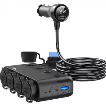 Répartiteur allume-cigare MBG Line HS75AD avec 2 prises et 3 ports USB, câble 75 cm, noir