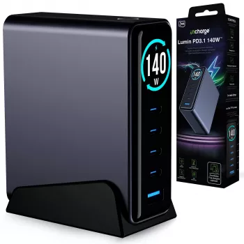 3mk InCharge chargeur de bureau Lumin PD3.2 140W QC5 PPS AFC FCP SCP 1A4C TFT GaN3 écran noir