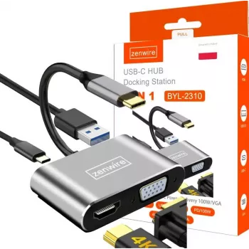Adaptateur multiport USB-C ZENWIRE hub 4-en-1 HDMI 4K VGA USB-A gris sidéral BYL-2310
