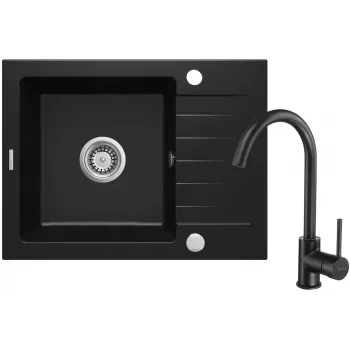 DEANTE Évier de cuisine en granit composite 1 bac avec robinet et égouttoir - graphite