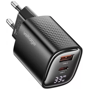 Voltage chargeur GaN Mini 33W PD 3.0 QC 3.0 USB-A USB-C écran numérique noir