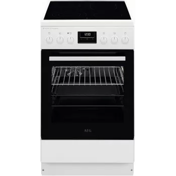 AEG CCB56491BW cuisinière électrique autoportante avec plaque vitrocéramique, four à chaleur tournante 73L et four conventionnel 39L, blanc