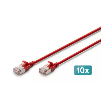 DIGITUS CAT 6A F/FTP câble patch Slim, 0,5 m, rouge, lot de 10, LSZH, 10 Gbit/s