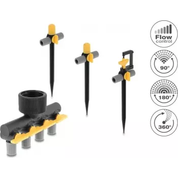 Ensemble de raccords en T pour arroseur Delock avec buses 90°, 180° et 360° + répartiteur 4 voies