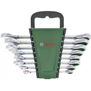 Bosch Jeu de 8 clés mixtes à cliquet avec cliquet réversible 72 dents, chrome-vanadium, métrique 8-19 mm, coffret vert/noir