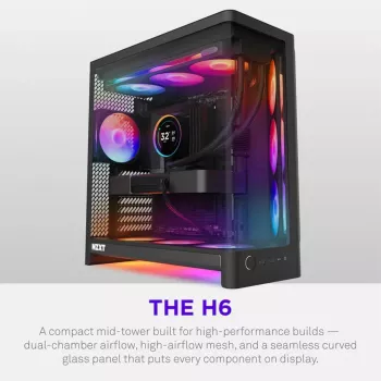 Boîtier gaming moyen tour NZXT H6 2026 Airflow, noir, verre trempé, 3 ventilateurs F120Q, USB-C, double chambre