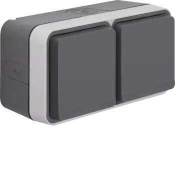Prise double SCHUKO en saillie Hager WNC144 avec couvercle rabattable, IP55, gris