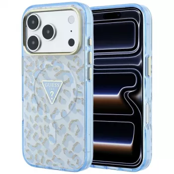 Coque MagSafe GUESS IML Leopard Glitter Triangle Logo pour iPhone 18 Pro Max / 17 Pro Max - bleue