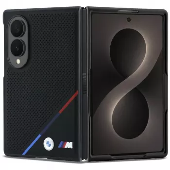 BMW Coque MagSafe M en cuir perforé rayures tricolores logos métalliques pour Samsung Galaxy Z Fold8 - noire