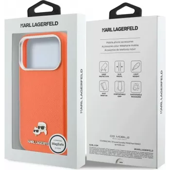 Coque MagSafe Karl Lagerfeld Karl & Choupette Head Pins Saffiano pour iPhone 17 Pro Max – orange