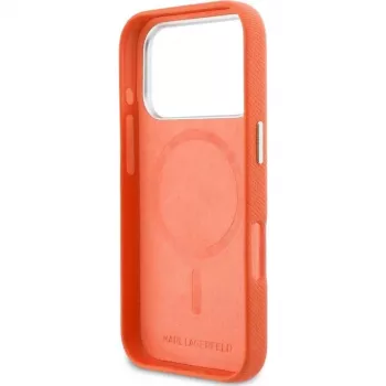 Coque MagSafe Karl Lagerfeld Karl & Choupette Head Pins Saffiano pour iPhone 17 Pro Max – orange