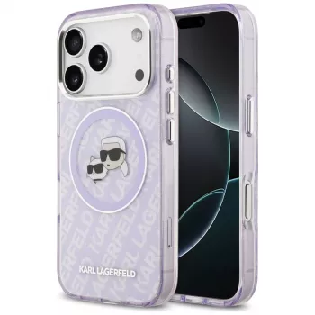 Coque MagSafe Karl Lagerfeld IML Glitter Karl & Choupette Heads Logo pour iPhone 17 Pro Max - violet