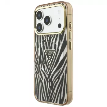 Coque MagSafe GUESS IML Zebra Glitter Triangle Logo pour iPhone 18 Pro Max / 17 Pro Max - or