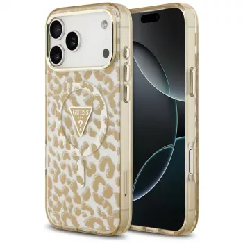 Coque MagSafe GUESS IML Leopard Glitter Triangle Logo pour iPhone 18 Pro / 17 Pro, marron