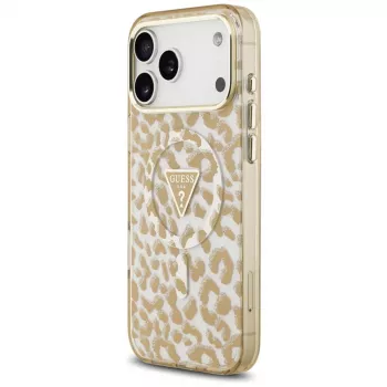Coque MagSafe GUESS IML Leopard Glitter Triangle Logo pour iPhone 18 Pro / 17 Pro, marron