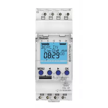 Horloge programmable digitale astro THEBEN SEL174top3, 2 canaux, programme hebdomadaire/astro, 230 V AC, rail DIN, 2 modules, réserve de marche 10 ans