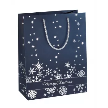 SIGEL GT110 Ensemble de sacs cadeaux flocons de neige argentés, lot de 3, papier couché, poignées en cordon textile blanc, brillance métallisée, pour Noël et l'hiver, 230 x 180 x 100 mm
