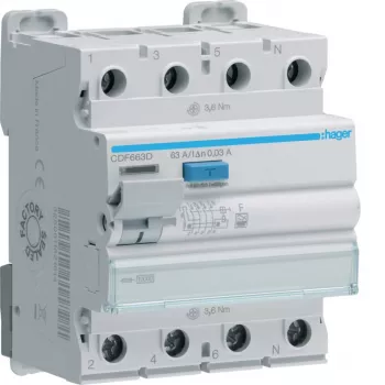 Hager CDF663D interrupteur différentiel, 4 pôles, 63 A, 30 mA, type F, 10 kA