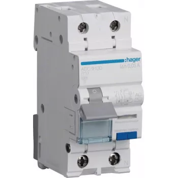 Hager ADC910D disjoncteur différentiel 2P 10A 30mA type AC avec protection contre les surintensités