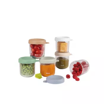 Beaba set de pots en verre pour aliments bébé avec couvercles hermétiques, 6 x 250 ml, assortiment couleurs naturelles