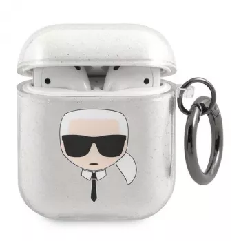 Coque pour AirPods 1/2 KLA2UKHGS Karl Lagerfeld argent à paillettes Karl's Head