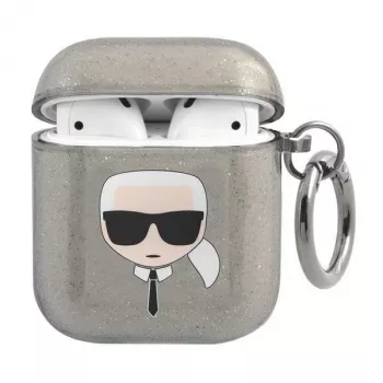 Coque pour AirPods 1/2 KLA2UKHGK Karl Lagerfeld noire à paillettes Karl's Head