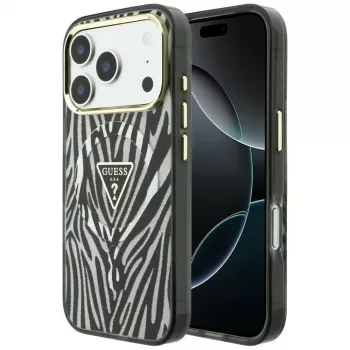 Coque MagSafe IML Zebra Glitter Triangle Logo GUESS pour iPhone 18 Pro Max / 17 Pro Max, argent