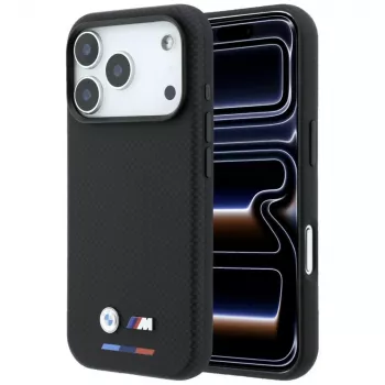 Coque MagSafe BMW M Quadrille Kevlar pour iPhone 18 Pro Max / 17 Pro Max - Noir avec tricolore et logo métal
