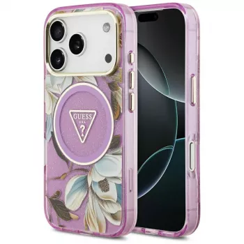 Coque MagSafe GUESS IML Glitter Flowers Triangle pour iPhone 18 Pro / 17 Pro - Violet