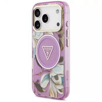Coque MagSafe GUESS IML Glitter Flowers Triangle pour iPhone 18 Pro / 17 Pro - Violet