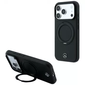Coque en cuir Mercedes avec support anneau MagSafe pour iPhone 18 Pro Max / 17 Pro Max - Noir
