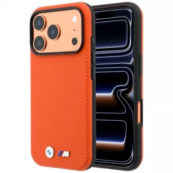 Coque MagSafe Quadrille Kevlar Metal Logo BMW M pour iPhone 18 Pro / 17 Pro - orange