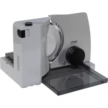 Trancheuse polyvalente électrique Ritter Compact 7 avec moteur Eco 65 W, lame dentelée en acier inoxydable, épaisseur de coupe 0-20 mm, design pliable, pieds ventouses, noir/argent
