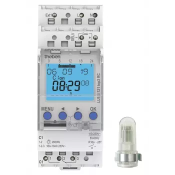 Interrupteur crépusculaire numérique THEBEN LUNA 121 top3 RC AL avec capteur de lumière extérieur, 1 canal, 1–99 000 lx, 230 V AC, rail DIN, IP20/IP55