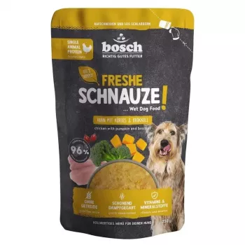 Aliment humide pour chien BOSCH Freshe Schnauze mono-protéine au poulet, potiron et brocoli – sachet de 250 g