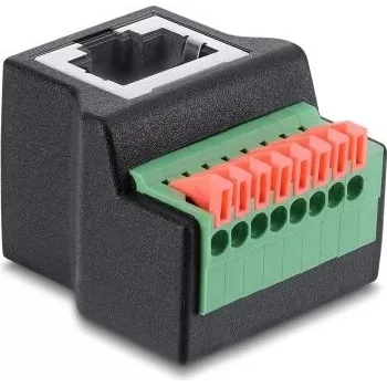 Adaptateur Delock RJ45 femelle vers bornier 8 broches, coudé à 90°, bouton-poussoir, noir