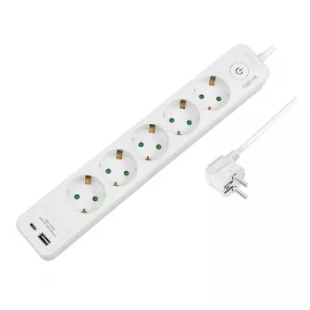 Multiprise LogiLink LPS280U, 5 prises AC, 2 ports USB (USB-A et USB-C), 17W, blanche