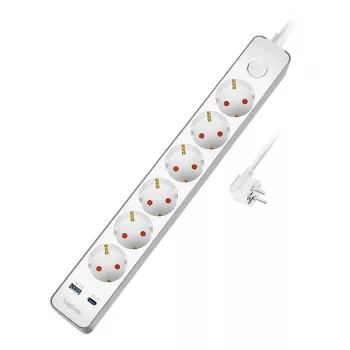Multiprise LogiLink avec 6 prises de sécurité, USB-A et USB-C PD 20W, interrupteur à bascule, 1,5 m, blanc