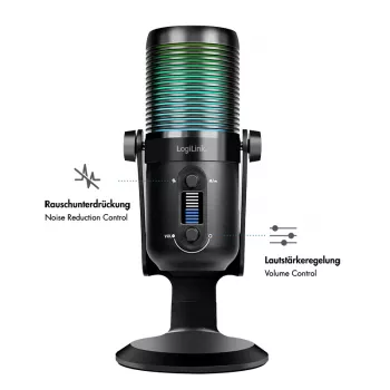 Microphone à condensateur USB LogiLink avec lumière RGB, cardioïde/omnidirectionnel, 20 Hz - 20 kHz, noir (HS0059)