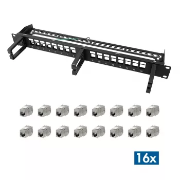 Panneau de brassage Keystone modulaire LOGILINK 16 ports Cat.6A, 19/1U, avec 3 anneaux de câbles, noir