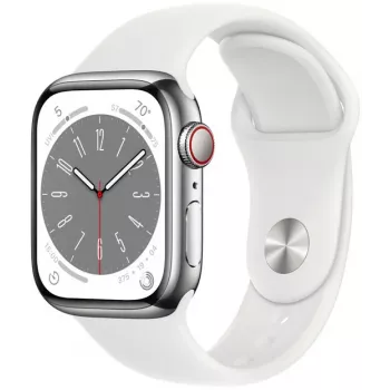 Apple Watch Series 8 GPS + Cellular 41mm boîtier acier inoxydable avec bracelet sport, argent/blanc (MNJ53EL/A)