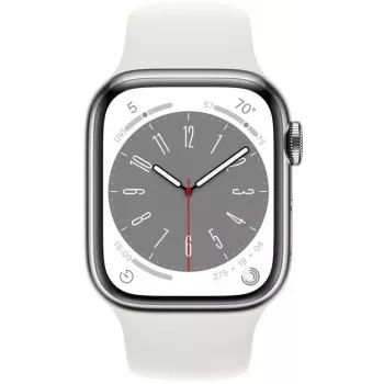 Apple Watch Series 8 GPS + Cellular 41mm boîtier acier inoxydable avec bracelet sport, argent/blanc (MNJ53EL/A)