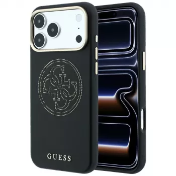 Guess Perforated 4G Gold Logo coque MagSafe pour iPhone 18 Pro / 17 Pro, noir