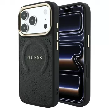 Coque MagSafe GUESS Saffiano Peony & Ring pour iPhone 18 Pro / 17 Pro - Noir