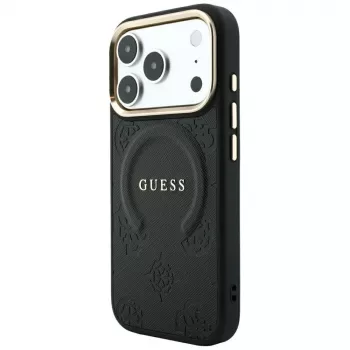 Coque MagSafe GUESS Saffiano Peony & Ring pour iPhone 18 Pro / 17 Pro - Noir