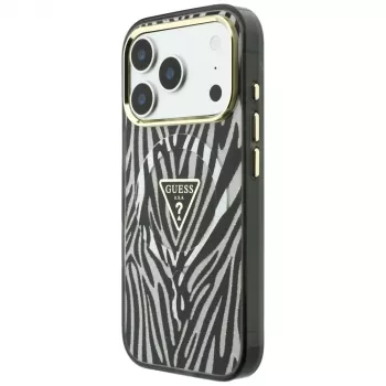Coque MagSafe Guess IML Zebra Glitter Triangle Logo pour iPhone 18 Pro / 17 Pro - Argent