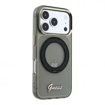 Guess IML Ring Stand 360 Script Metal Logo coque MagSafe pour iPhone 17 Pro / 18 Pro - noir