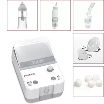 Nébuliseur à compresseur à piston 3-en-1 Rossmax NK1000 avec lavage nasal et aspirateur, taille des particules 2,5 μm, dose de particules fines >80 %, débit de nébulisation 0,35 ml/min, godet à médicament 5 ml, capacité de lavage nasal 10 ml, bruit <60 dB, fonctionnement continu, adultes et enfants